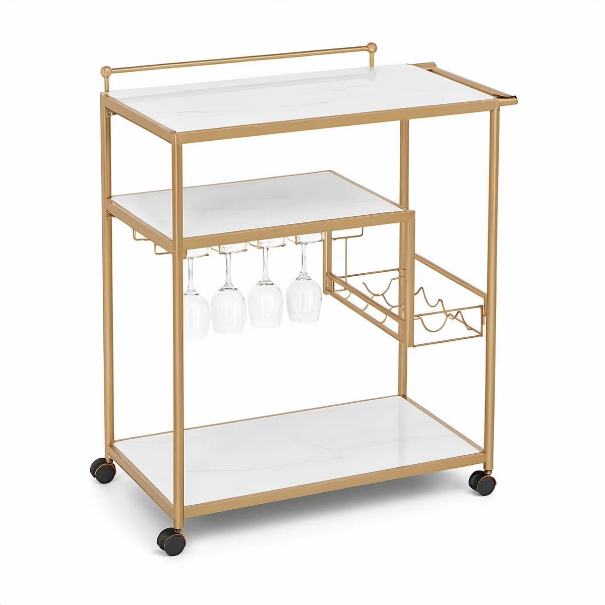 Guldfarvet barvogn med 3 hylder, vinglasholder og flaskeholder, 80 x 40 x 90 cm