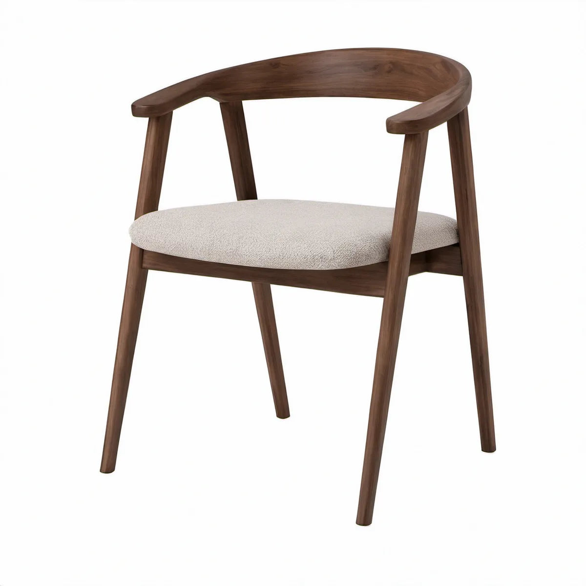 Spisebordsstol med armlæn i valnøddebrunt massivt gummitræ og beige bouclé, 58 x 56 x 75 cm