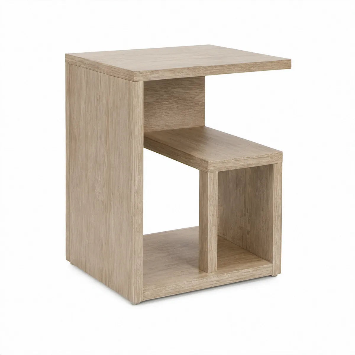 Asymmetrisk sengebord i lys eg med åbne hylder, 50 x 40 x 60 cm